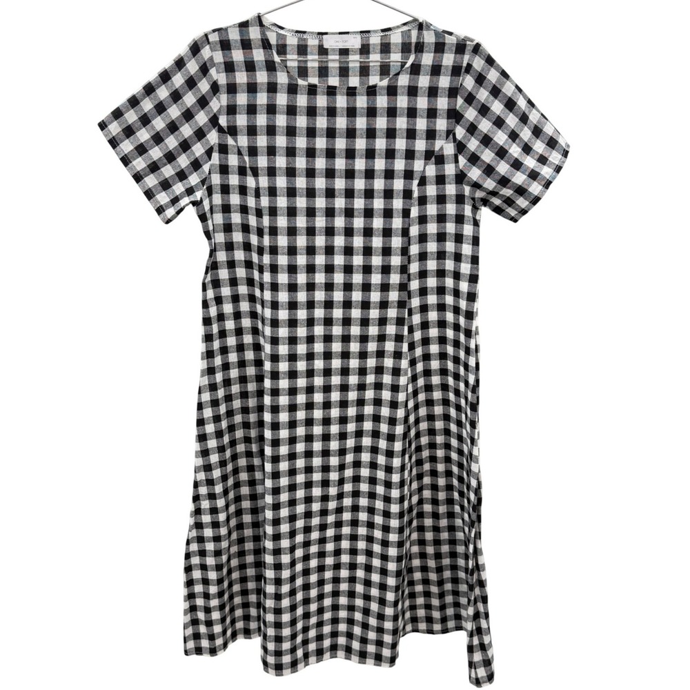 Oak + Fort Black White Black Gingham Check Short Sleeve Midi Dress One Size Chic